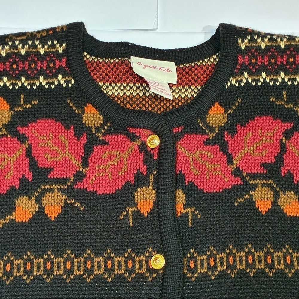 Vintage Crystal Kobe Cardigan Sweater Womens XL Leaves Gold Buttons Granny
